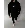 Uzun Kol Kapüşonlu Göğüs Baskılı SweatShirt - Siyah