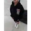 Uzun Kol Kapüşonlu Ön Ve Arka Baskılı SweatShirt - Siyah