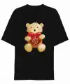 14 Şubat Sevgililer Günü I Love You Ayı Baskılı Oversize Bisiklet Yaka T-shirt - Siyah