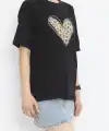 14 Şubat Sevgililer Günü Leopar Kalp Baskılı Oversize Bisiklet Yaka T-shirt - Siyah