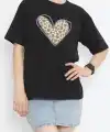 14 Şubat Sevgililer Günü Leopar Kalp Baskılı Oversize Bisiklet Yaka T-shirt - Siyah