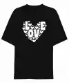 14 Şubat Sevgililer Günü Love Kalp Baskılı Oversize Bisiklet Yaka T-shirt - Siyah
