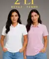 2li Kadın Polo Yaka Pike Kumaş Düğmeli Basic Tişört Günlük Rahat Kesim - Beyaz, Pembe