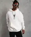BErkek 3 İplik Pamuklu Kapüşonlu Baskılı Cepli Oversize Sweatshirt Hoodie - eyaz