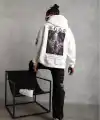 BErkek 3 İplik Pamuklu Kapüşonlu Baskılı Cepli Oversize Sweatshirt Hoodie - eyaz