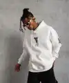 BErkek 3 İplik Pamuklu Kapüşonlu Baskılı Cepli Oversize Sweatshirt Hoodie - eyaz