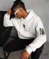 BErkek 3 İplik Pamuklu Kapüşonlu Baskılı Cepli Oversize Sweatshirt Hoodie - eyaz