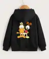 Çocuk Unisex Kapüşonlu Ön ve Arka Garfield Baskılı Sweatshirt - Siyah