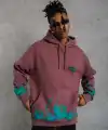 Erkek 3 İplik içi Pamuklu Alev Baskılı Kapüşonlu hoodie Sweatshirt - Gül Kurusu