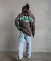 Erkek 3 iplik Pamuklu Alev Baskılı Kapüşonlu hoodie Sweatshirt - Gri