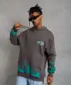 Erkek 3 iplik Pamuklu Alev Baskılı Kapüşonlu hoodie Sweatshirt - Gri