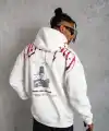 Erkek 3 İplik Pamuklu Baskılı Kapüşonlu Cepli Sweatshirt Hoodie - Beyaz