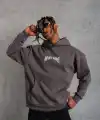Erkek 3 İplik Pamuklu Baskılı Kapüşonlu Cepli Sweatshirt Hoodie - Füme