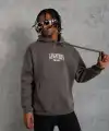 Erkek 3 İplik Pamuklu Baskılı Kapüşonlu Cepli Sweatshirt Hoodie - Gri