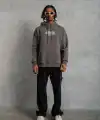 Erkek 3 İplik Pamuklu Baskılı Kapüşonlu Cepli Sweatshirt Hoodie - Gri