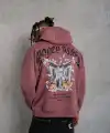 Erkek 3 İplik Pamuklu Baskılı Kapüşonlu Cepli Sweatshirt Hoodie - Gül Kurusu