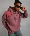 Erkek 3 İplik Pamuklu Baskılı Kapüşonlu Cepli Sweatshirt Hoodie - Gül Kurusu