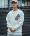 Erkek 3 iplik pamuklu Bisiklet Yaka Baskılı SweatShirt - Beyaz