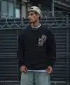 Erkek 3 iplik Pamuklu Bisiklet Yaka Baskılı SweatShirt - Siyah
