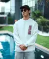 Erkek 3 iplik pamuklu Bisiklet Yaka Ön ve Arka Baskılı SweatShirt - Beyaz