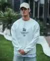 Erkek 3 iplik pamuklu Bisiklet Yaka Ön Ve Arka Baskılı SweatShirt - Beyaz