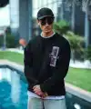 Erkek 3 iplik pamuklu Bisiklet Yaka Ön ve Arka Baskılı SweatShirt - Siyah
