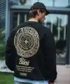 Erkek 3 iplik pamuklu Bisiklet Yaka Ön Ve Arka Baskılı SweatShirt - Siyah