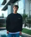 Erkek 3 iplik Pamuklu Bisiklet Yaka Oversize Baskılı SweatShirt - Siyah