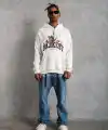 Erkek 3 İplik Pamuklu Kapüşonlu Baskılı Cepli Oversize Sweatshirt Hoodie - Beyaz