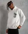 Erkek 3 İplik Pamuklu Kapüşonlu Baskılı Cepli Oversize Sweatshirt Hoodie - Beyaz