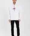 Erkek 3 İplik Pamuklu Kapüşonlu Baskılı Cepli Oversize Sweatshirt Hoodie - Beyaz