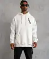 Erkek 3 İplik Pamuklu Kapüşonlu Baskılı Cepli Oversize Sweatshirt Hoodie - Beyaz
