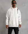 Erkek 3 İplik Pamuklu Kapüşonlu Baskılı Cepli Oversize Sweatshirt Hoodie - Beyaz