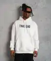Erkek 3 İplik Pamuklu Kapüşonlu Baskılı Cepli Oversize Sweatshirt Hoodie - Beyaz