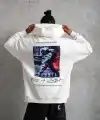 Erkek 3 İplik Pamuklu Kapüşonlu Baskılı Cepli Oversize Sweatshirt Hoodie - Beyaz