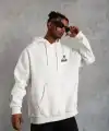 Erkek 3 İplik Pamuklu Kapüşonlu Baskılı Cepli Oversize Sweatshirt Hoodie - Beyaz
