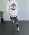 Erkek 3 İplik Pamuklu Kapüşonlu Baskılı Cepli Oversize Sweatshirt Hoodie - Beyaz