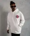 Erkek 3 İplik Pamuklu Kapüşonlu Baskılı Cepli Oversize Sweatshirt Hoodie - Beyaz