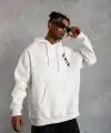 Erkek 3 İplik Pamuklu Kapüşonlu Baskılı Cepli Oversize Sweatshirt Hoodie - Beyaz