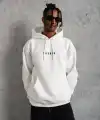Erkek 3 İplik Pamuklu Kapüşonlu Baskılı Cepli Oversize Sweatshirt Hoodie - Beyaz