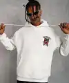 Erkek 3 İplik Pamuklu Kapüşonlu Baskılı Cepli Oversize Sweatshirt Hoodie - Beyaz