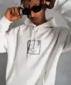 Erkek 3 İplik Pamuklu Kapüşonlu Baskılı Cepli Oversize Sweatshirt Hoodie - Beyaz