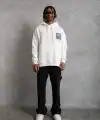 Erkek 3 İplik Pamuklu Kapüşonlu Baskılı Cepli Oversize Sweatshirt Hoodie - Beyaz