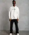 Erkek 3 İplik Pamuklu Kapüşonlu Baskılı Cepli Oversize Sweatshirt Hoodie - Beyaz