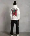 Erkek 3 İplik Pamuklu Kapüşonlu Baskılı Cepli Oversize Sweatshirt Hoodie - Beyaz