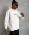Erkek 3 İplik Pamuklu Kapüşonlu Baskılı Cepli Oversize Sweatshirt Hoodie - Beyaz