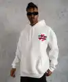Erkek 3 İplik Pamuklu Kapüşonlu Baskılı Cepli Oversize Sweatshirt Hoodie - Beyaz