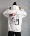 Erkek 3 İplik Pamuklu Kapüşonlu Baskılı Cepli Oversize Sweatshirt Hoodie - Beyaz