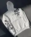 Erkek 3 İplik Pamuklu Kapüşonlu Baskılı Cepli Oversize Sweatshirt Hoodie - Beyaz