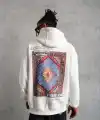 Erkek 3 İplik Pamuklu Kapüşonlu Baskılı Cepli Oversize Sweatshirt Hoodie - Beyaz